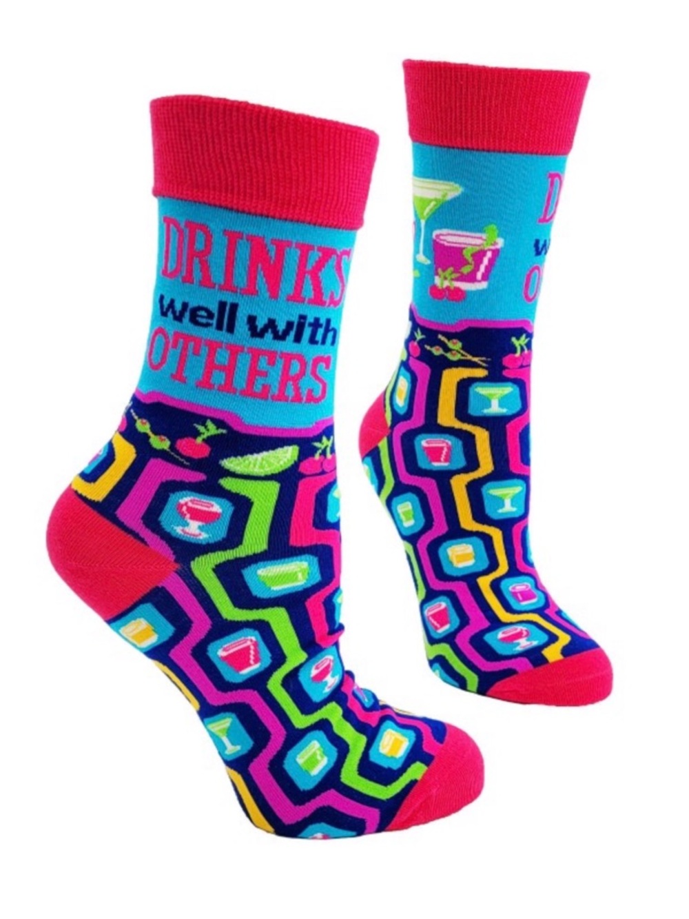 •Drinks Well With Others• Multicolor Funny Unisex Cocktail Novelty Crew Socks